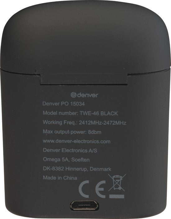 Denver TWE-46 - Ohrhörer - Drahtlos - Drahtlose Ohrhörer - Bluetooth - mit Ladeetui - Freisprecheinrichtung - Sport - Headset - In-Ear - Bluetooth 5.0 - Schwarz