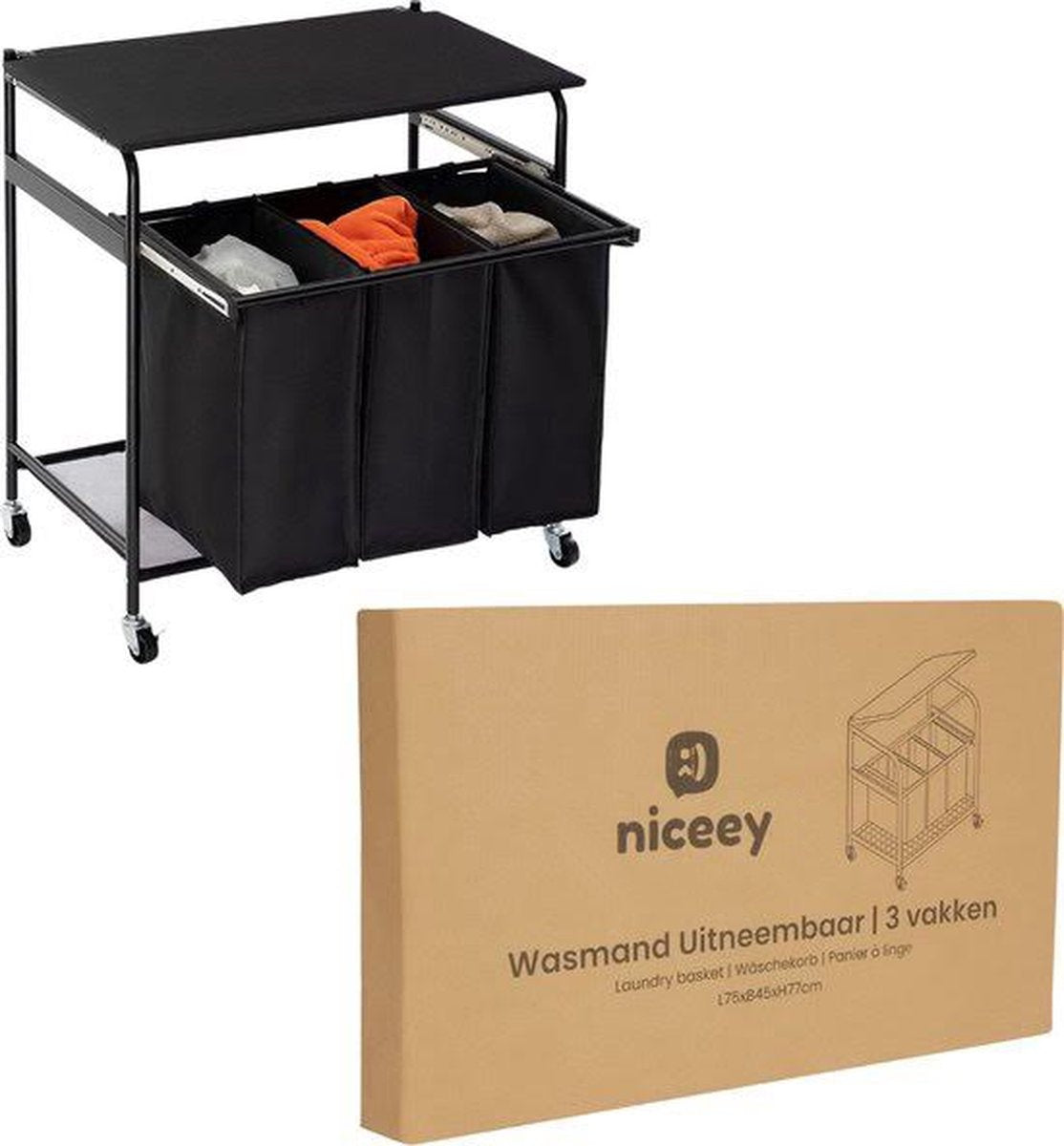 Niceey Wäschekorb auf Rädern - 3 ausziehbare Fächer - Schwarz