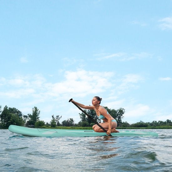 LifeGoods SUP Board - Deluxe Set - Mit Sitz - Aufblasbares Paddle Board - Max. 135KG - 320x81cm - Mintgrün