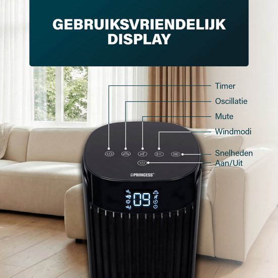 Princess DC Turmventilator 91 cm – besonders leise – 12 Geschwindigkeitsstufen – 4 Windmodi – 90°-Oszillation – Timer 1–24 Stunden – mit Fernbedienung – schwarz – 352370