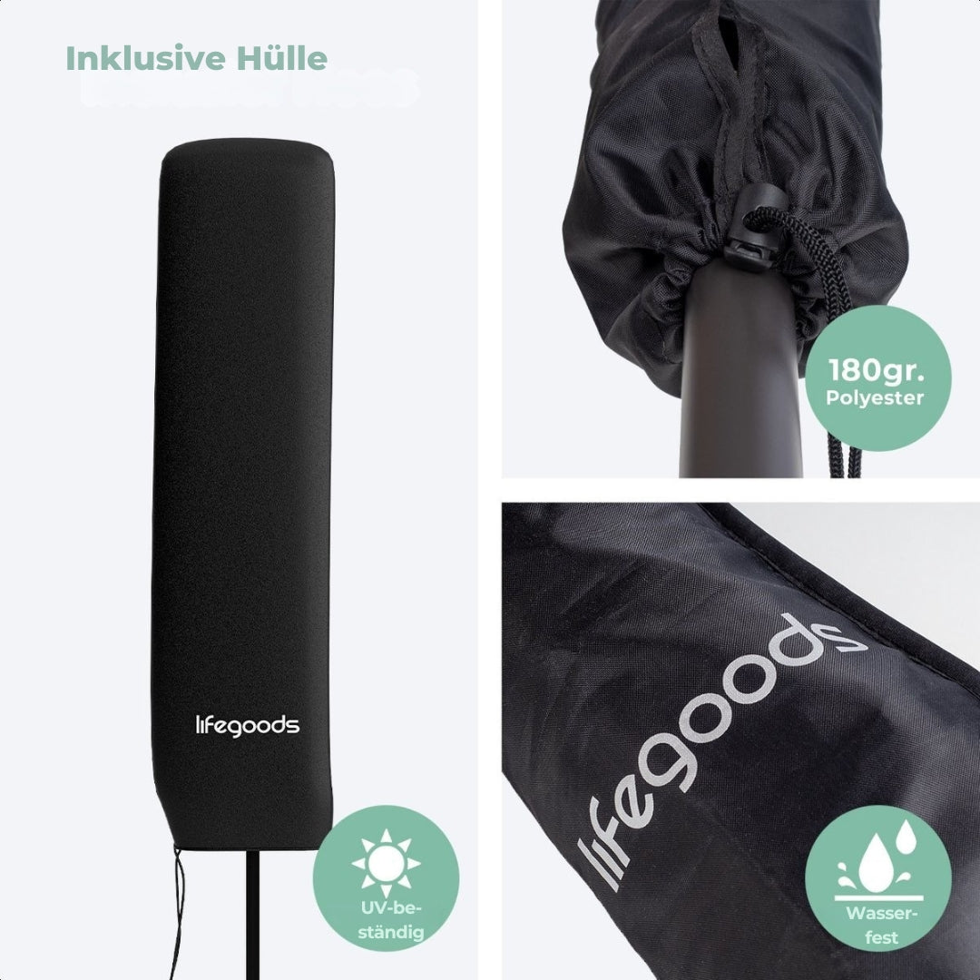 LifeGoods Rechteckiger Sonnenschirm mit Bezug - 30° neigbar - Wasserdicht - 270x180cm - Dunkelgrau