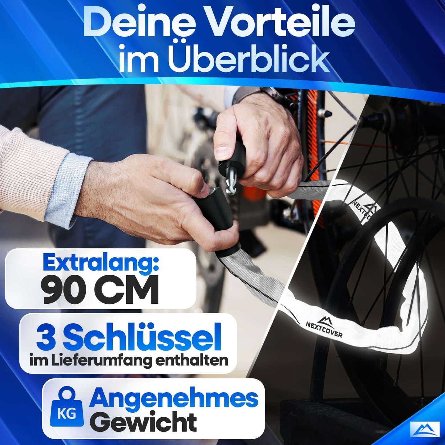 NEXTCOVER® Fahrradschloss LockOne mit Schlüssel I - [SAFE] Fahrradschloss hohe Sicherheit I robustes & langlebiges Kettenschloss Fahrrad I Fahrradschloss, Fahrradschloss 3 Schlüssel