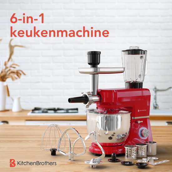 KitchenBrothers Küchenmaschine - 6-in-1 Küchenroboter - 1500W - mit Fleischwolf, Mixer und 15 Zubehörteilen - 6,2L Schüssel aus Edelstahl - Rot