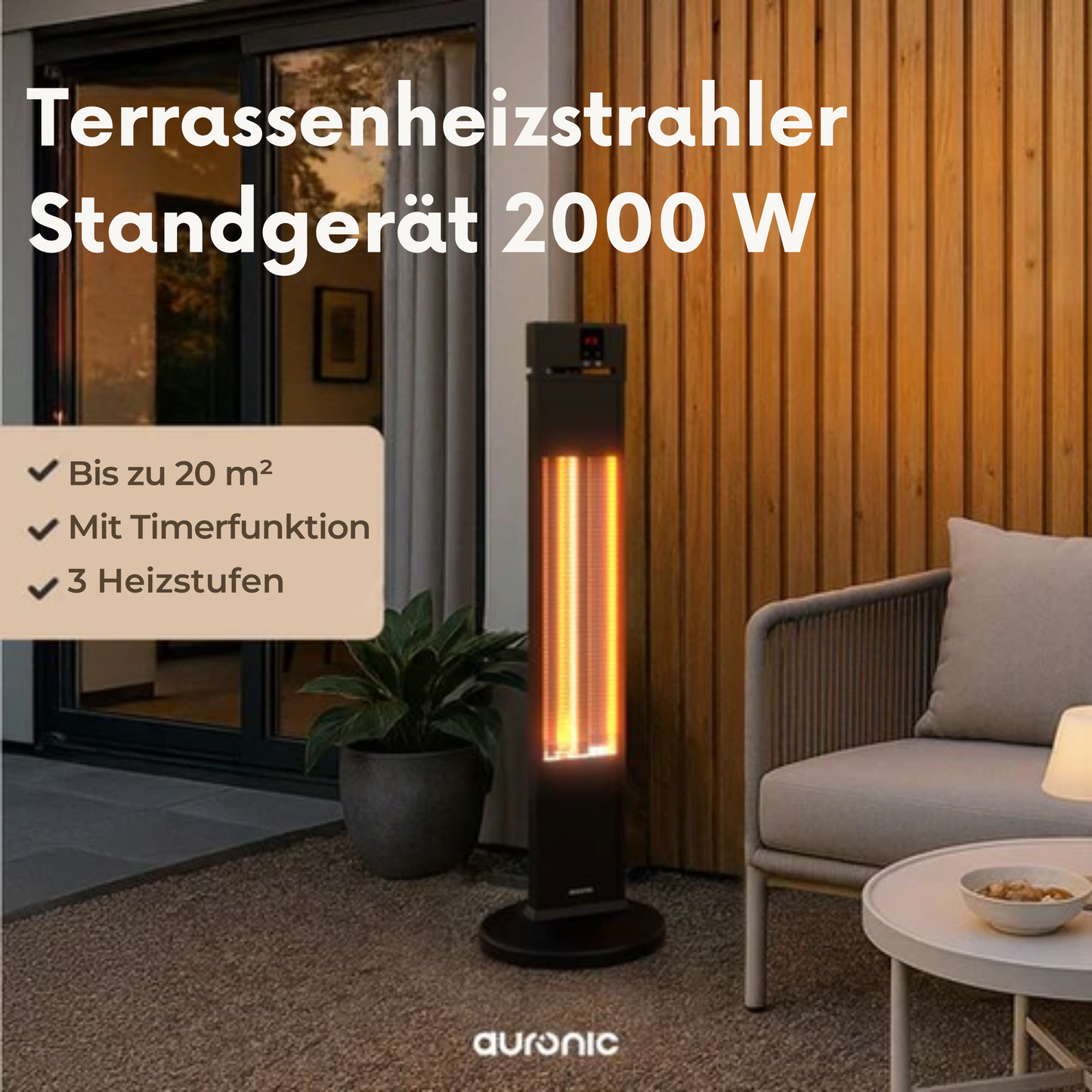 Auronic Terrassenstrahler - Infrarotheizung - Stehend - 20m2 - Elektrisch - 2000W - Fernbedienung - 3 Stufen - Schwarz