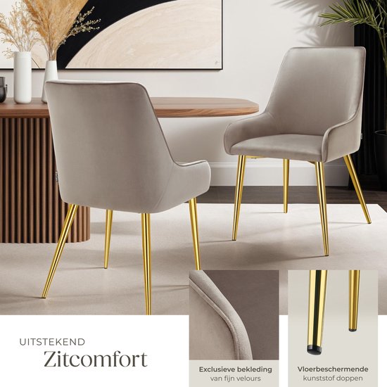 tectake® Esszimmerstuhl Avane - Samtoptik - Ergonomischer Polsterstuhl mit goldenen Stahlbeinen - Belastbarkeit 120 kg - Moderner Esszimmer- und Küchenstuhl - 2er Set - Taupe