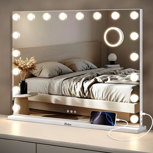 Mirlux Large Hollywood Mirror 80x60CM - LED-Beleuchtung - USB & USB-C Ladeanschlüsse - Make Up - Weiß