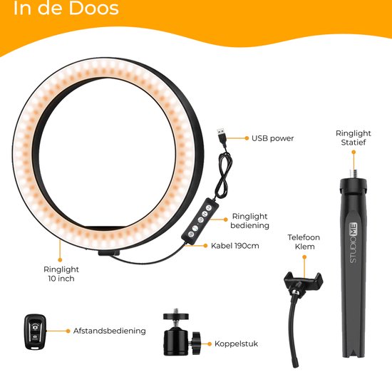 Studio ME Mehrfarbige Ringlampe mit Stativ - 10 Zoll/25 cm - RGB-Lampe - Ringlicht mit Stativ - Bluetooth - Telefonhalterung - Fernbedienung - USB - TikTok Lampe - Ringlicht
