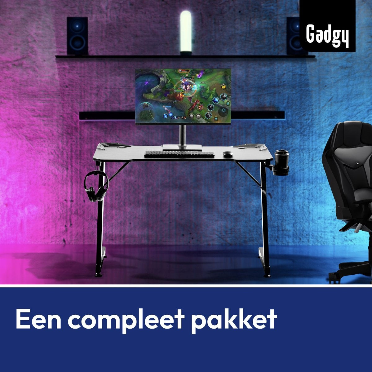 Gadgy Game Desk Carbon - Gaming Desk 110 CM Wide - Gaming Desk mit Carbon Details - Gaming Tisch mit Kopfhörerhalter, Tassenhalter & Kabeltunnel - Level Up Gaming mit Gadgy - Black Carbon