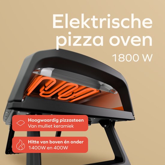 KitchenBrothers Pizzaofen - Elektrisch - Tischmodell - PFAS-frei - Zusammenklappbar - Pizzastein - Pizzabäcker - Pizzaofen für draußen und drinnen - Schwarz/Grau