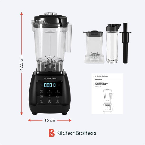 KitchenBrothers 2-in-1 Power Blender - 1600W - 2L - Komplettset mit Zerkleinerer und To-go Cup - Smoothie Maker - Ice Crusher - Schwarz