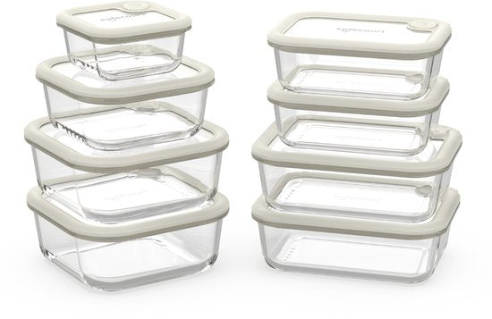 Safecourt Frischhaltebehälter - komplett aus Glas (100% frei von Mikroplastik) - Backofen, Gefrierschrank, Mikrowelle und Spülmaschine - 8-teiliges Set