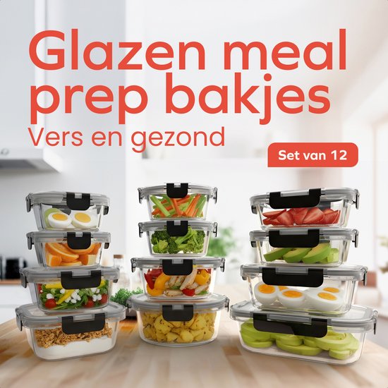 KitchenBrothers Meal Prep Trays Set - Glas Lebensmittel Lagerung Schalen - luftdicht - BPA frei - Gefrierschrank Schalen - Lagerung Schalen - 6.79L - Glas - 12 Stück