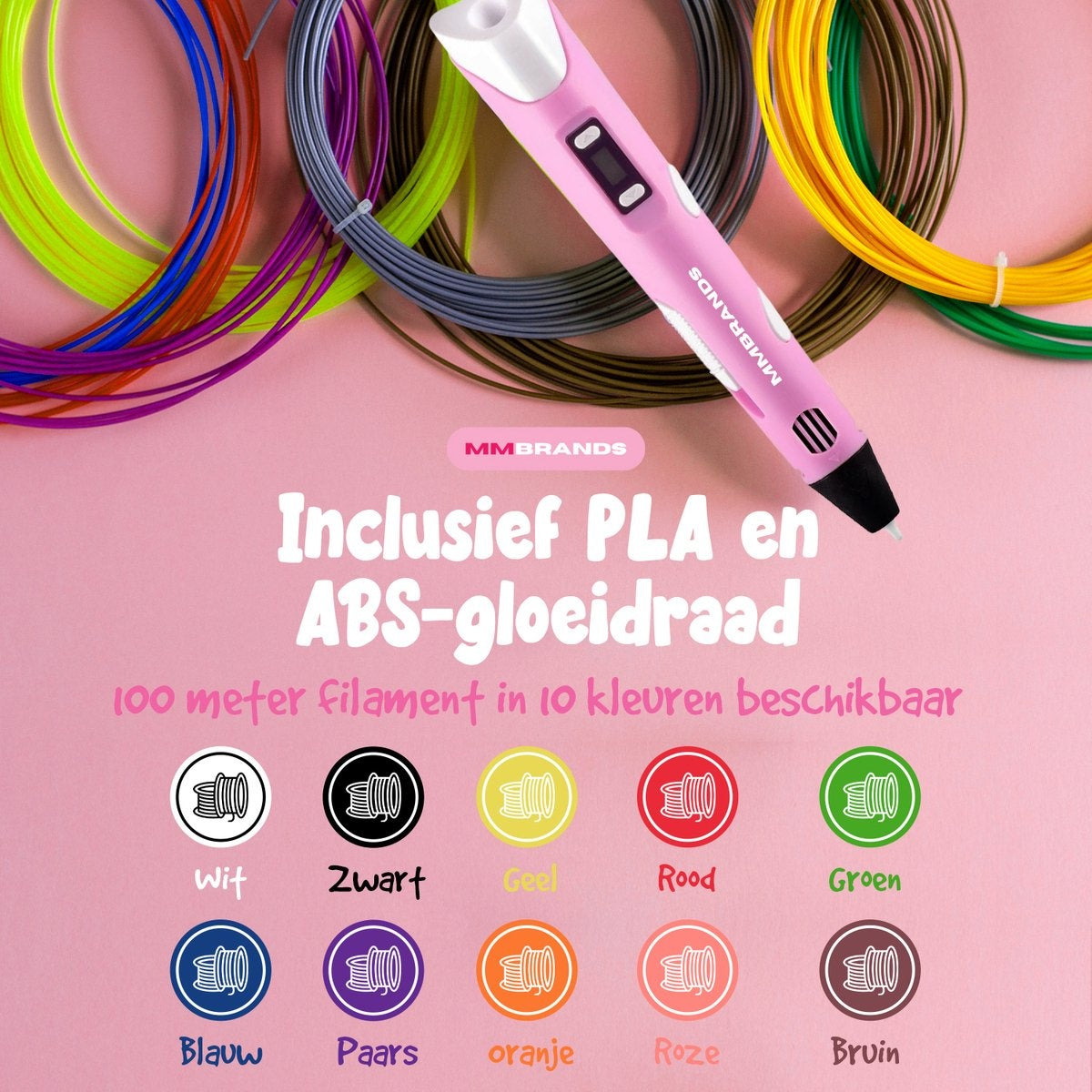 MM Brands 3D-Stift - 3 Meter lange Ladekabel - Rosa