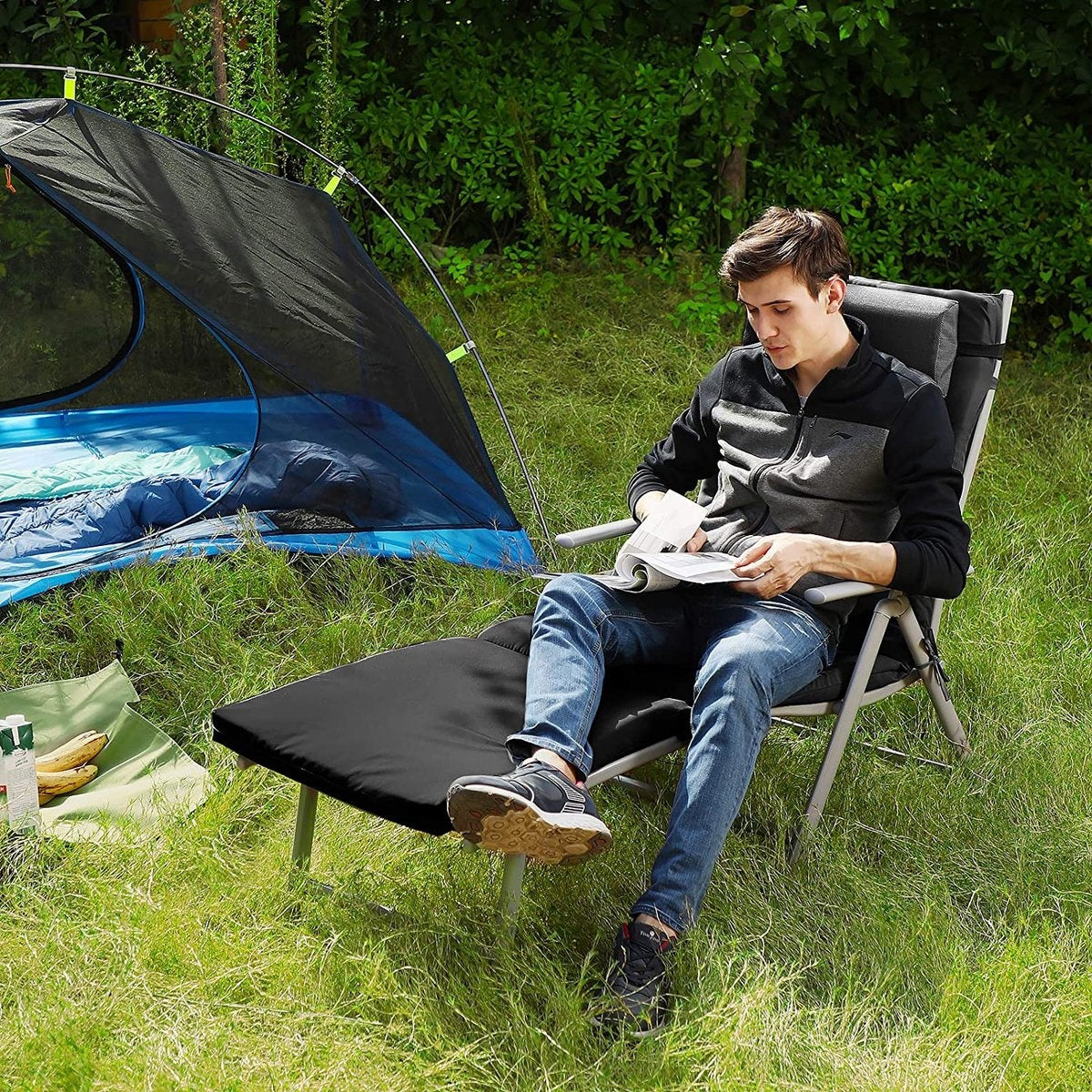 O'DADDY Liege - Liege klappbar - Schwarz - Sonnenliege mit Kopfstütze - Liegestuhl 183 x 60 x 39 - Gartenliege inklusive Liegekissen