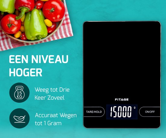FITAGE Keukenweegschaal - Weegschaal Keuken - Groot en tot 15KG - Precisie Weegschaal - Digitaal