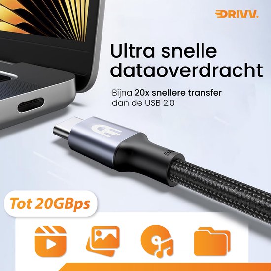 Drivv. USB-C-Verlängerungskabel 3.2 - Stecker auf Buchse - Schnellladung / Schnellladegerät - USB-C-Daten- und Ladekabel - 3 Meter - Geeignet für Samsung, iPhone 15 & mehr - Grau