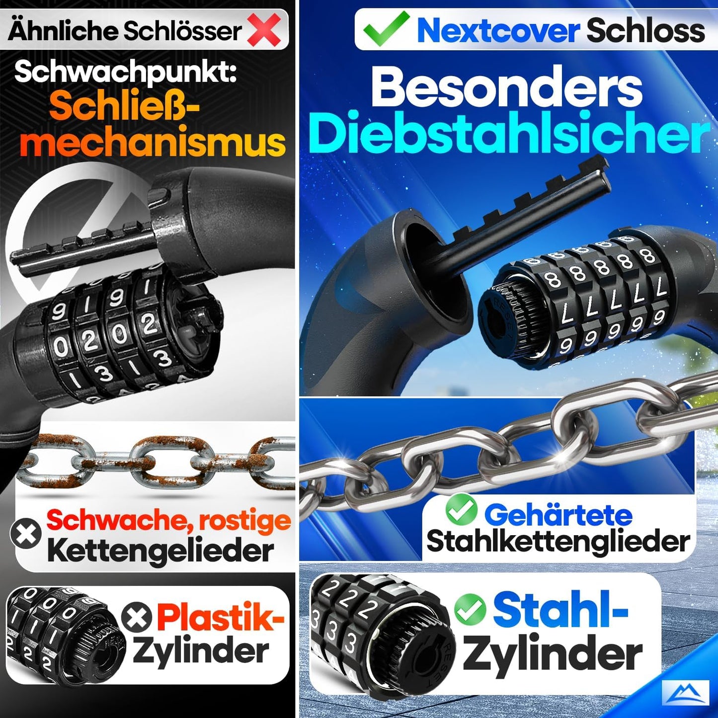 NEXTCOVER® Fahrradschloss LockOne mit Zahlencode I - [SAFESECURE] Zahlenschloss - Sehr robust - 90 cm lang - Reflektierend