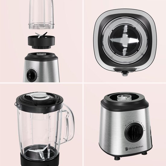 KitchenBrothers Blender - Komplettset - 2x 750ml Schüssel - Zerkleinerer - Stampfer - To-Go Becher - Edelstahl