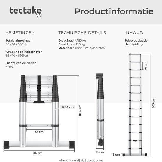 tectake® Teleskopleiter mit 13 Sprossen – Klappleiter – 3,85 Meter – Soft-Close – rutschfest – ausziehbare Teleskopleiter – Anlegeleiter – leichte Aluminiumleiter – zuverlässige Verriegelung