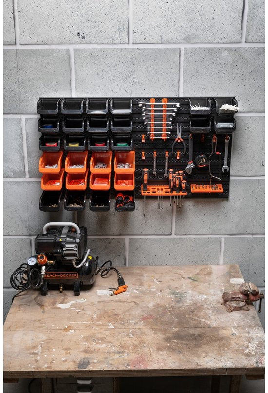 BLACK+DECKER Werkzeugtafel mit Aufbewahrungsfächern und Aufhängern – 98 x 23 x 43 cm – 43 Teile – Werkzeugwand