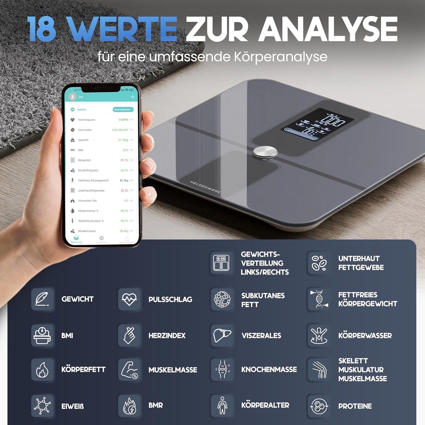 Heldentum Waage - Digital - 180KG - Bluetooth - 32.9x31.2x4.7cm