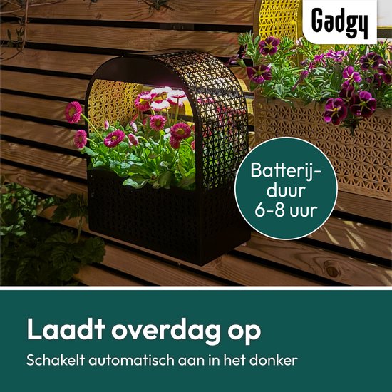 Gadgy Solar-Wandleuchte mit abnehmbarem Blumenkasten – Solarbetriebene Gartenbeleuchtung – Warmweißes LED-Licht – 30 x 25 cm – Schwarzes Metall