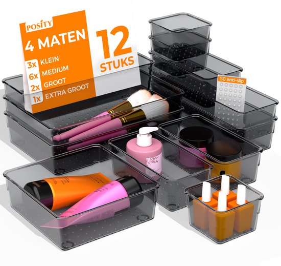 Posity Drawer Organizer - 12 Stück - Organizer Trays - Schubladenfächer - Aufbewahrungsfächer - Make-up Organizer - Für Küche, Bad & Büro - Kunststoff - Transparent