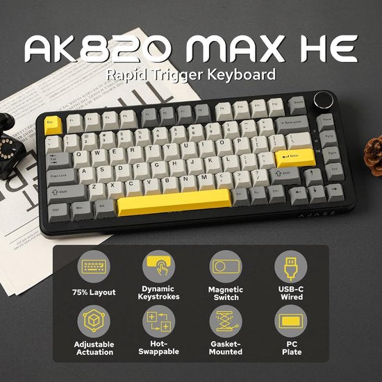 Ajazz AK820 MAX HE - 75% Wired RGB Gaming Keyboard - Hall-Effekt Rapid Trigger Mechanische Tastaturen - Dichtung - Hot Swap - 8K Hz Polling Rate - QWERTY Tastaturen - 82 Tasten - Mondgelb