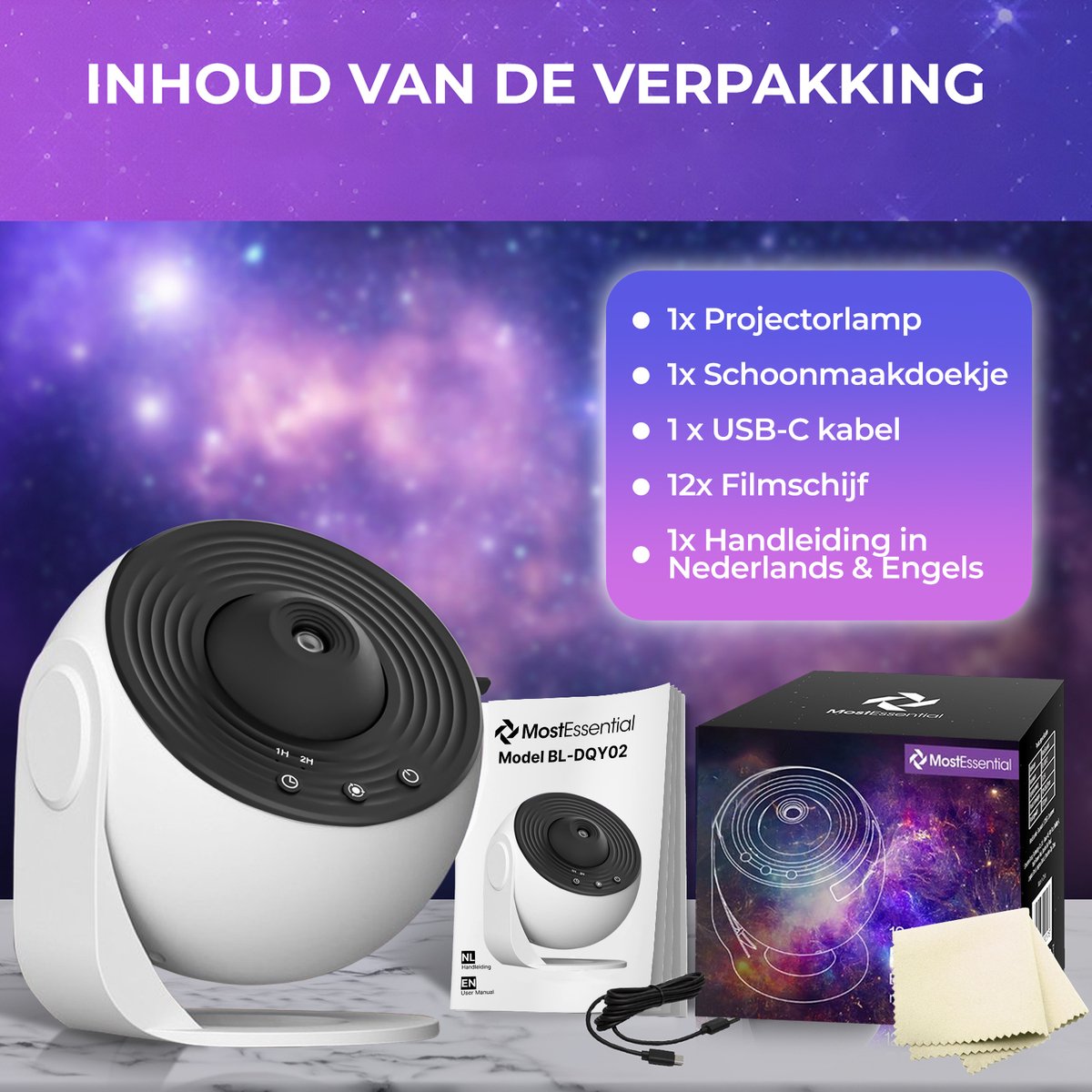 MostEssential Premium 12-in-1-Projektorlampe - 360° - 3000 lm - Schwarz + Weiß