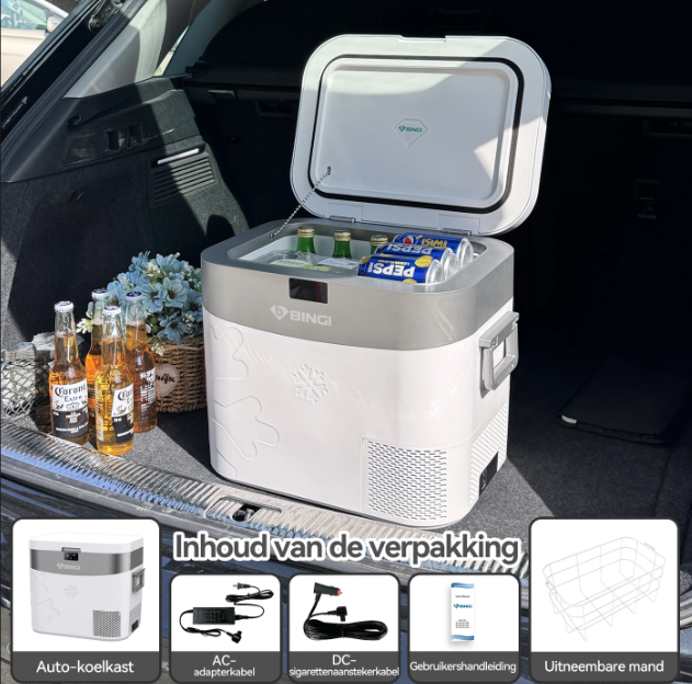 Bingi Mini-Kühlschrank für das Auto, 22 l – Kompressor – 12 V/24 V/230 V – -18 °C bis 15 °C