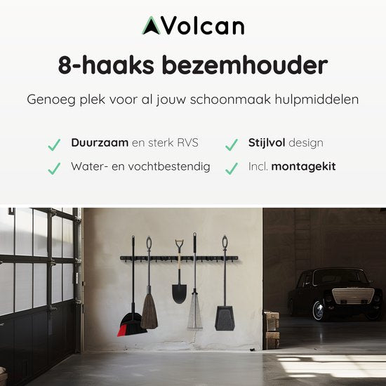 Volcan Besenhalter - Besen Aufhängesystem Gartengeräte - Werkzeughalter - 3M Band - 7 Halter 8 Haken - Edelstahl Schwarz