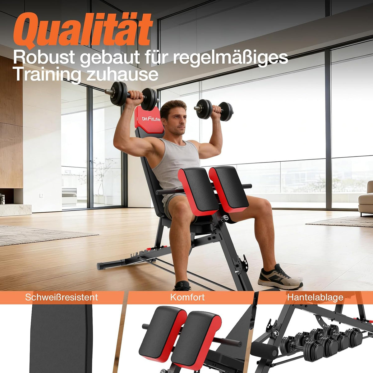 DH FitLife 6-in-1-Hantelbank – Verstellbare Rückenlehne – Hyperextension & Nordic Curl – Bis zu 350 kg – 163 x 50 x 130 cm – Schwarz