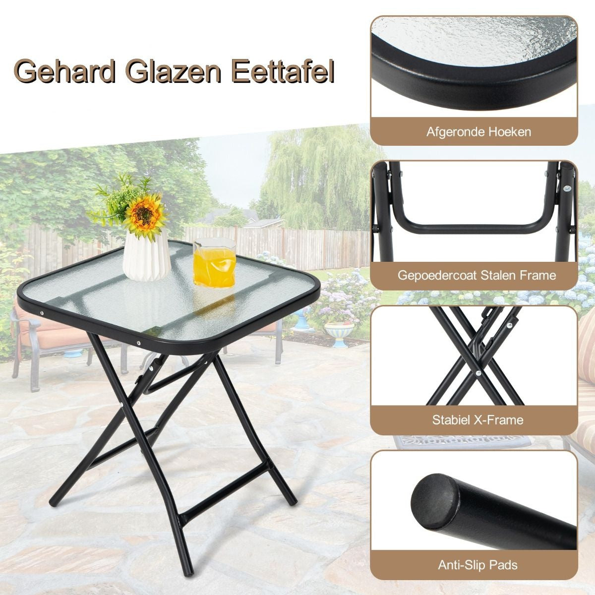 Coast Terrace Beistelltisch quadratischer Glastisch mit Edelstahlgestell klappbarer Couchtisch schwarz