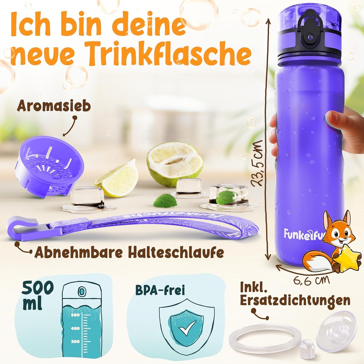 Funkelfuchs® Trinkflasche für Kinder - 500ml, lila - mit Kohlensäure - 100% auslaufsicher - Trinkflasche spülmaschinenfest - für Kindergarten, Einschulung, Schule, Sport