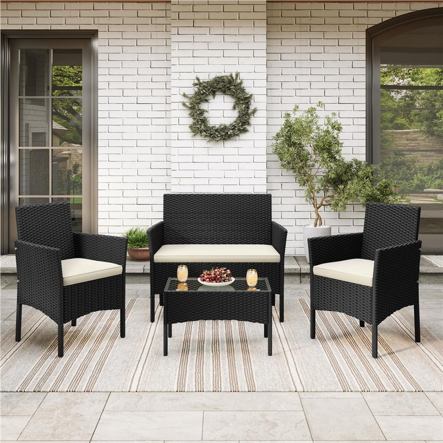 Yaheetech 4-teiliges Rattan-Lounge-Set – Tisch, 2 Stühle und 2-Sitzer-Sofa – wetterfeste Kissen – Schwarz und Beige – 106 x 58 x 80 cm