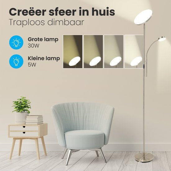 Auronic Stehleuchte - Stehleuchte Industrial - 181cm - LED - Dimmbar und neigbar - mit Fernbedienung - Geeignet für Wohnzimmer - Silber