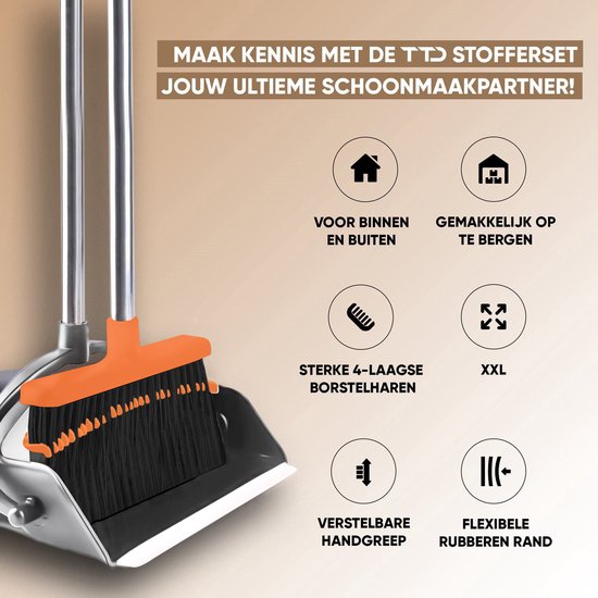 TTD® Kehrschaufel und Bürste mit langem Stiel XXL - Verstellbar 54-263 cm - Besen - Besenstiel - Grau & Orange - Kehrschaufel und Bürste - Schmutzbehälter für drinnen und draußen - Integrierte Reinigungszähne