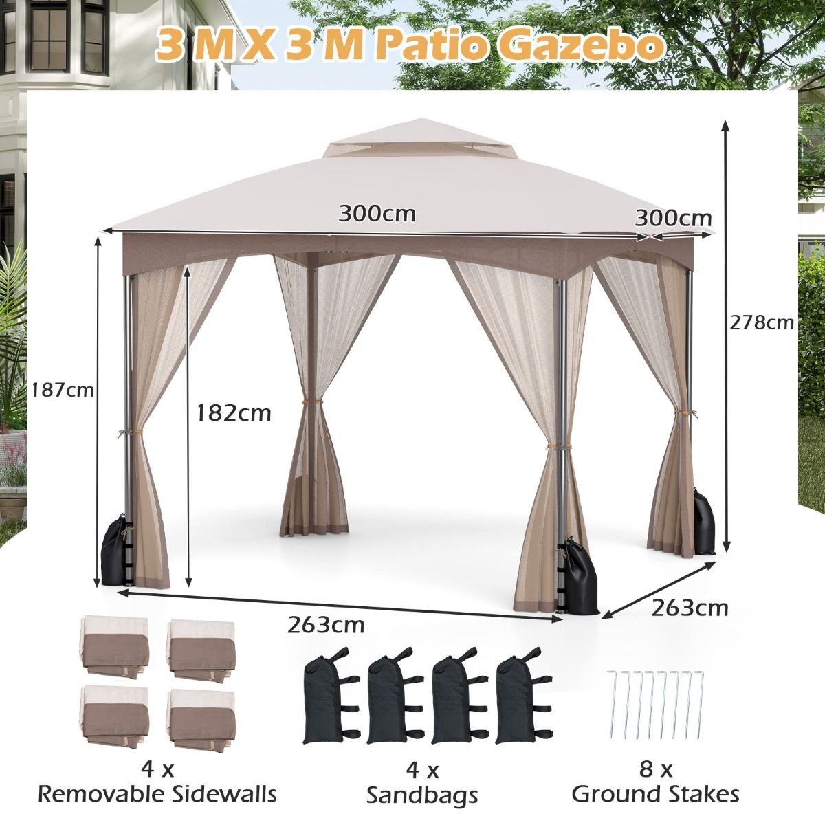 Coast Gartenpavillon – Doppeldach – Moskitonetz und Sandsäcke – Khaki 3 x 3 m