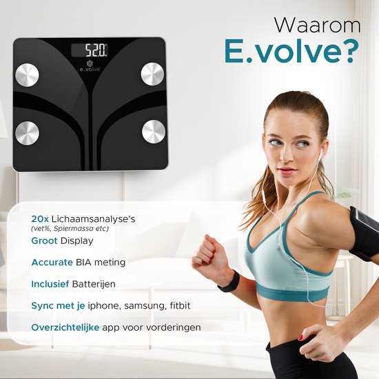 e.volve Waage Personenwaage Digital - 20x - Schwarz - Intelligente Waage mit Körperanalyse - Präzisionswaage - inkl. App