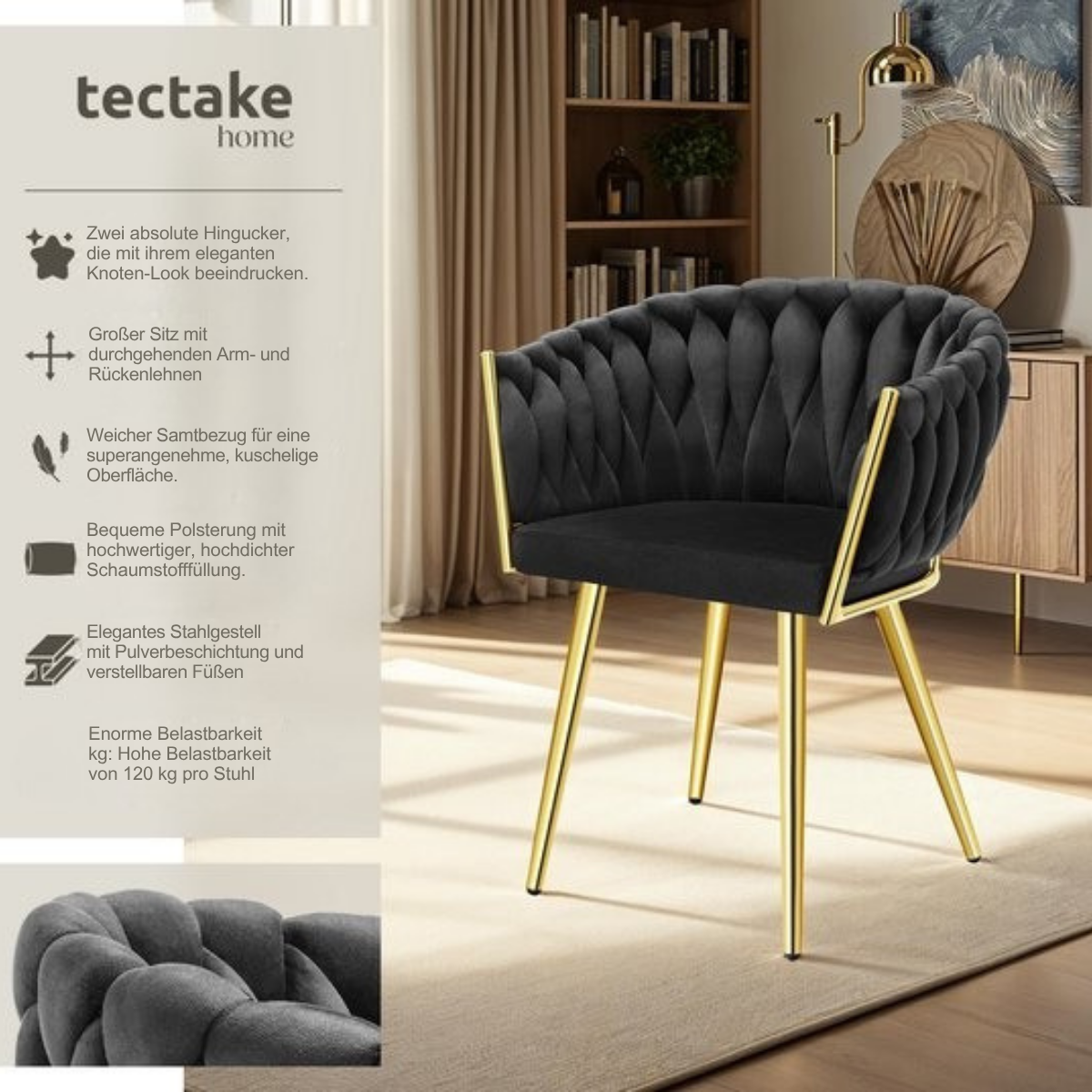 tectake® - 2er Set Esszimmerstühle aus Samt - Schalensessel mit Armlehne - Knopfoptik - 60,5 x 55 x 75 cm - Schwarz/Gold