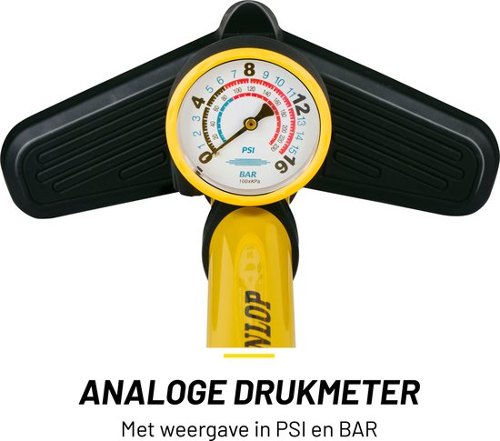 Dunlop Fahrradpumpe mit Manometer - Fahrradpumpe für Dunlop, Schrader und französische Ventile - Standpumpe inkl. Adapter für Wasserspielzeug und Bälle