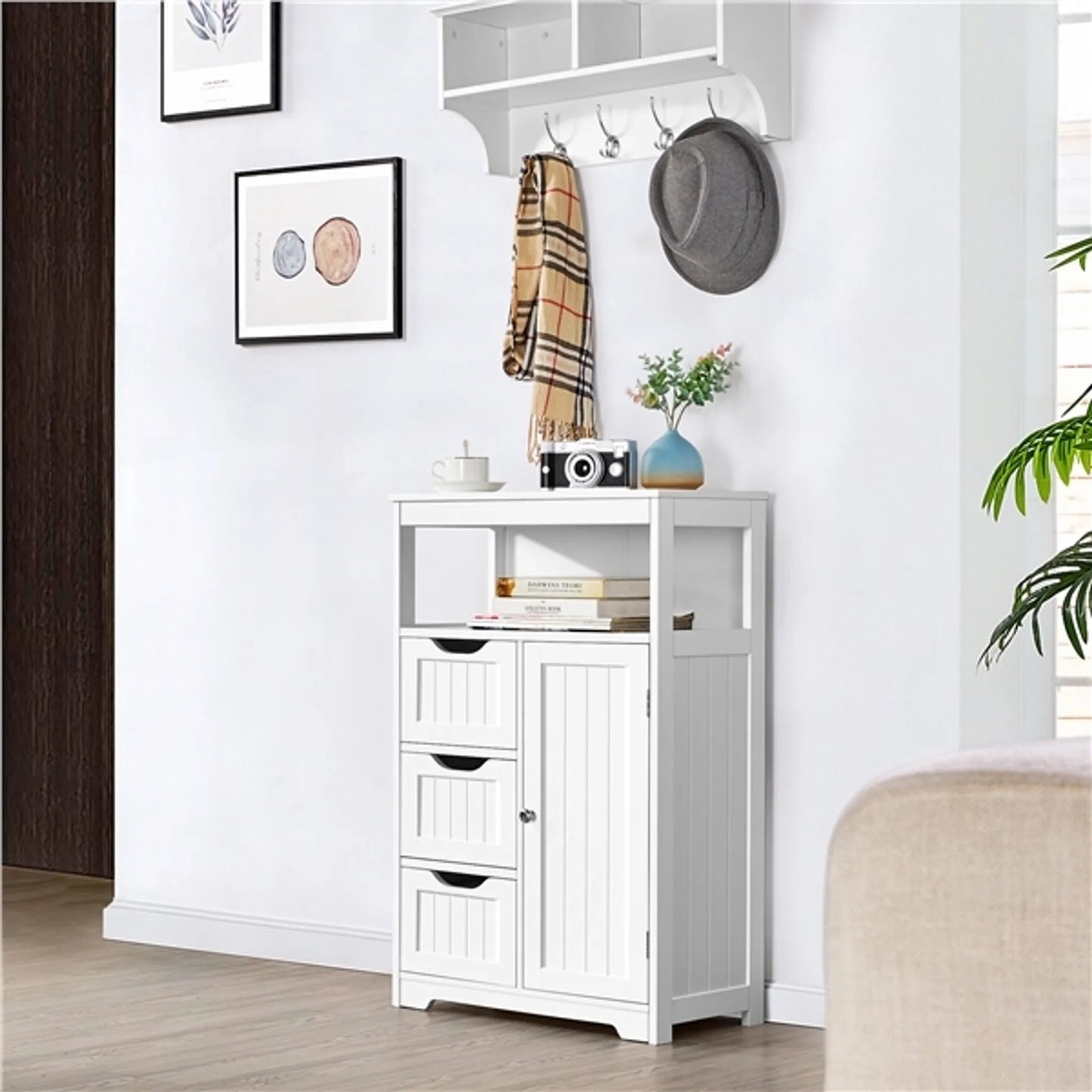 Yaheetech Badezimmerschrank Weiß - Verfügt über 3 Schubladen und Schrank mit verstellbarem Regal und offener Lagerung - Für Wohnzimmer und Schlafzimmer - Weiß Mdf und Metall - 55,5 x 29,5 x 86,5 cm