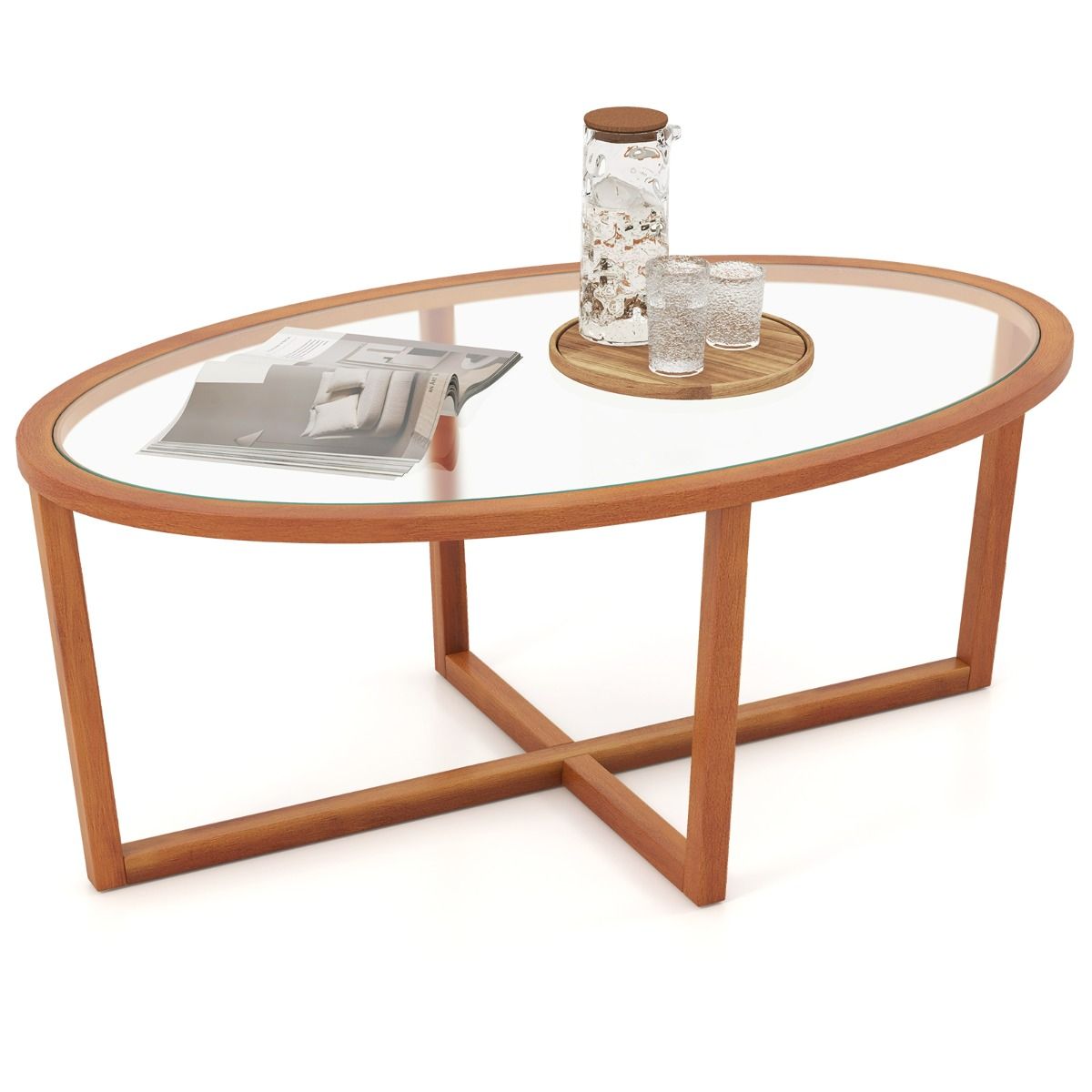 Couchtisch „Coast“ – ovales Hartglas – Kreuzfuß aus Akazienholz – braun – 118 x 71,5 x 47,5 cm