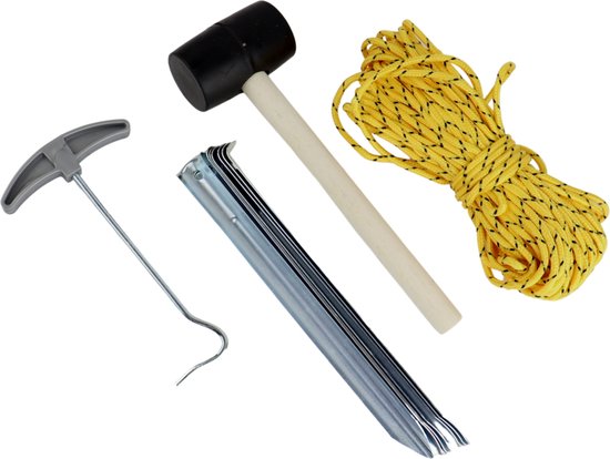 9-teiliges Camping-Set – Hammer – Heringe – Seil – Heringzieher – Camping – Campingplatz – Metall