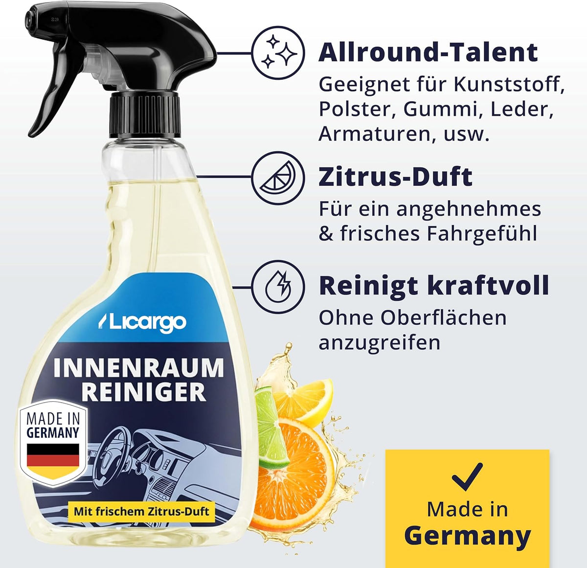 LICARGO Premium Cockpit-Innenraumreiniger 500 ml – pH-neutral – für Kunststoff, Polster und Leder – porentiefe Reinigung – Cockpitpflege