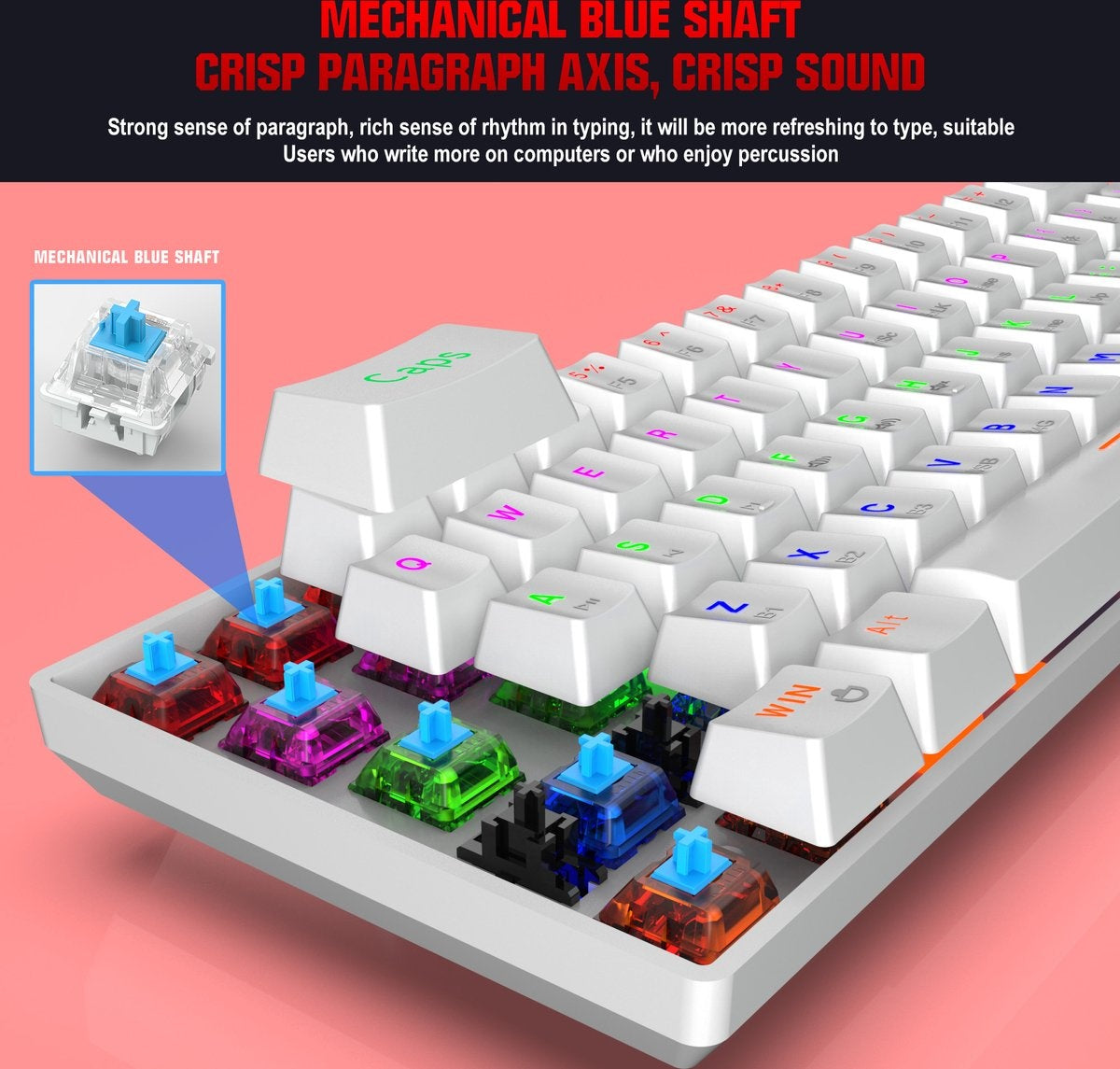 HXSJ L800 Wireless Mechanical TKL Gaming Keyboard - RGB - Wired / 2.4GHz RF / Bluetooth - QWERTY - 61 Tasten - Blauer Schalter - Weiß