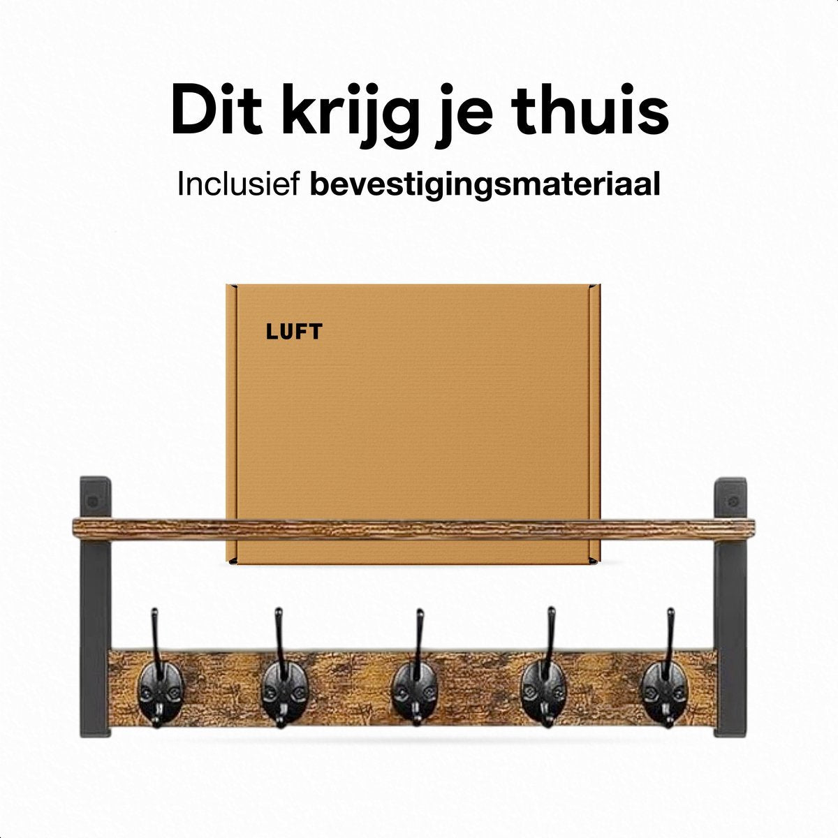 Luft Wandgarderobe mit Regal 73,5 cm - 10 Haken - Industrieller schwarzer Stahl & Holz - Wandgarderobe für Flur, Schlafzimmer oder Korridor