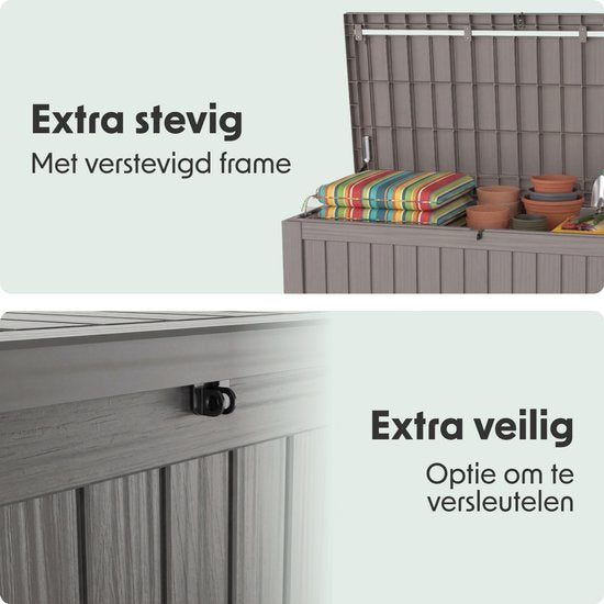 LifeGoods Aufbewahrungsbox - 570L - Kissenbox - Wasserdicht - Garten-Kissenbox - Rostfrei - Gartenbox - 137.5x66.5x72.8 cm - Grau