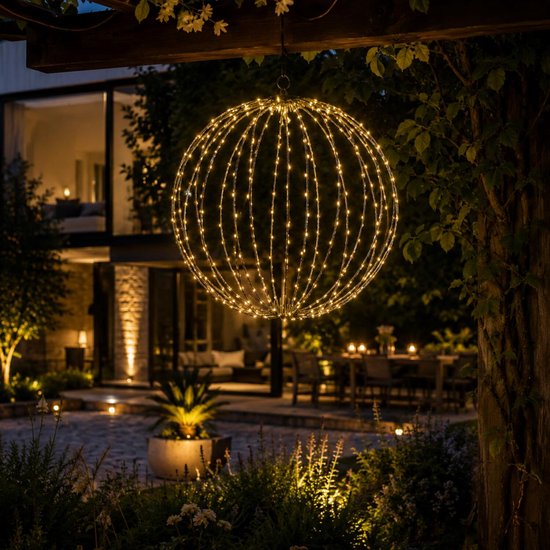 Lichtkugel – D60 cm – 400 LED-Lämpchen – warmweiß – mit Zeitschaltuhr – schwarzer Rahmen – Beleuchtung
