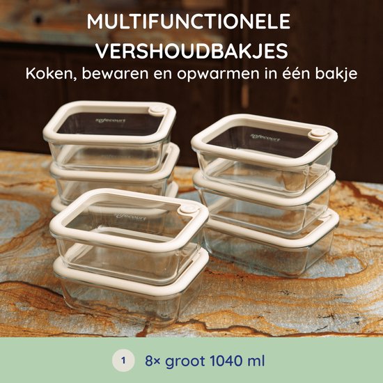 Safecourt Frischhaltebehälter - komplett aus Glas (100% frei von Mikroplastik) - backofen-, gefrierschrank-, mikrowellen- und spülmaschinenfest - 8x 1040ml Set